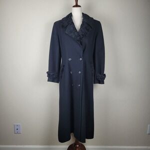 Baronia Coat Womens Large Black Long Faux Fur Trim Double Breasted Winter Formal